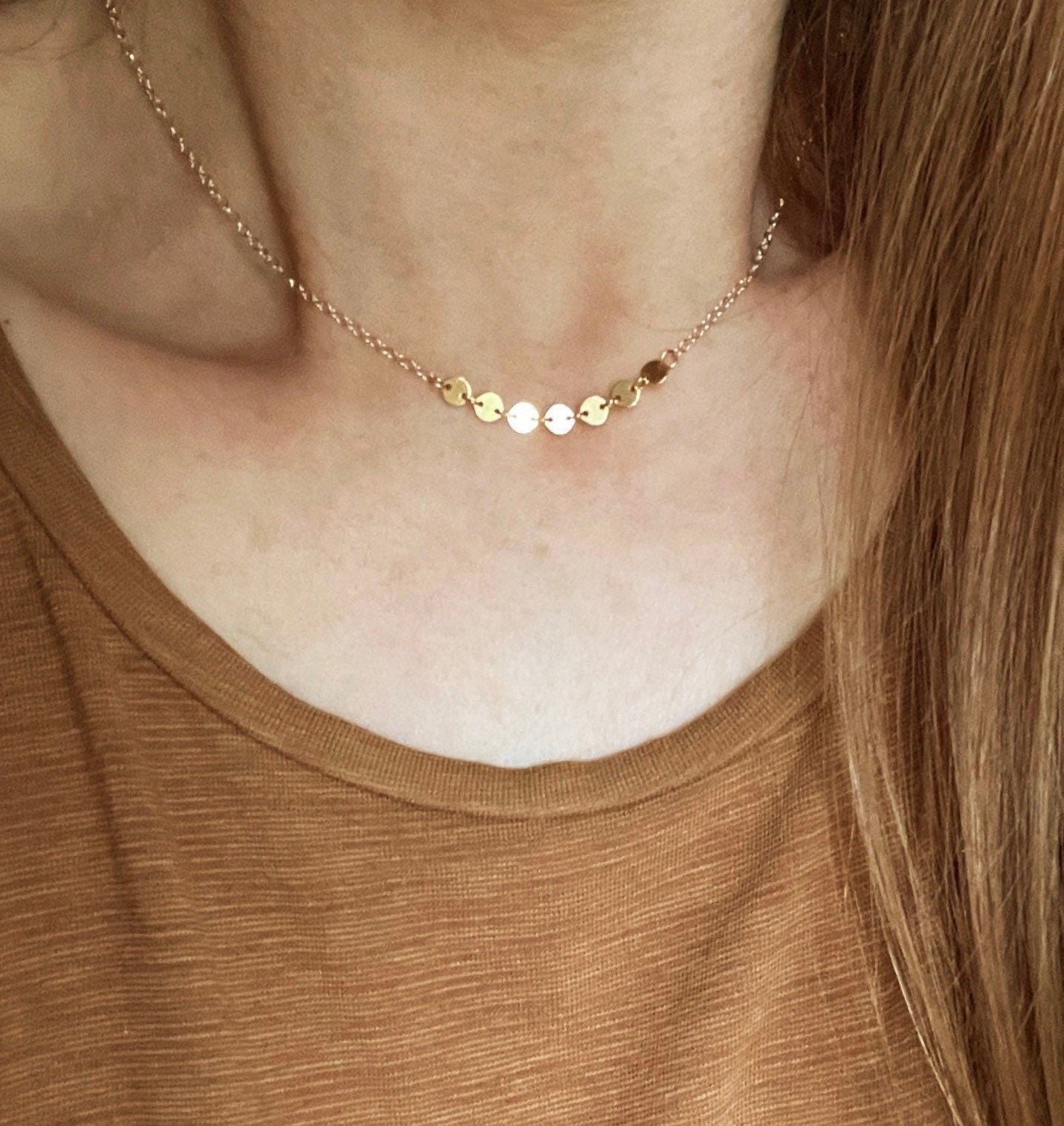 14K gold fill Dapped STARBURST CHAIN NECKLACE, Mixed chain sequins necklace, Choker, Dainty layering necklace, Gold minimalist necklace