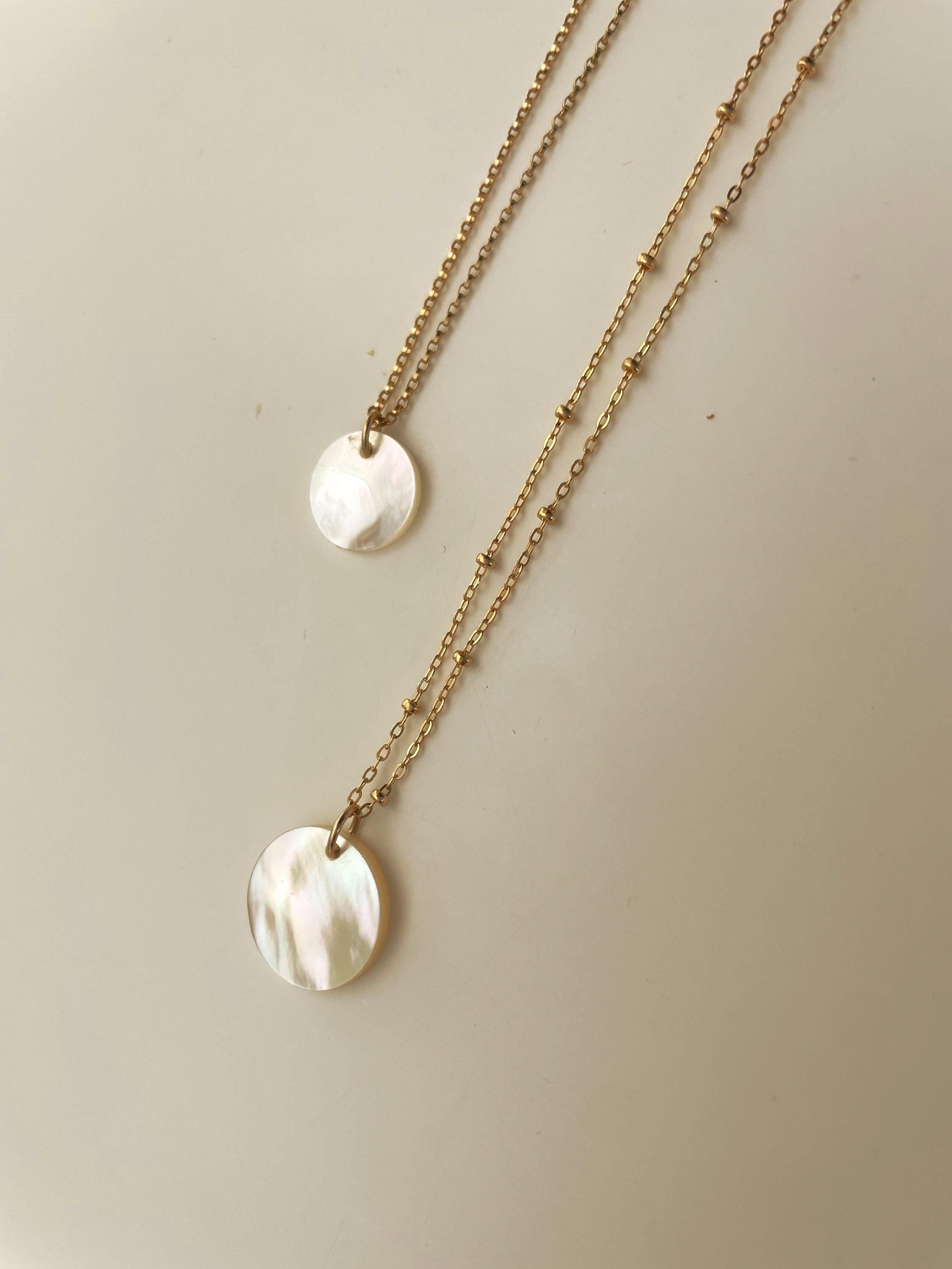 Karli MOTHER of PEARL NECKLACE, coin necklace, 14k gold filled chain, Shell necklace, Rainbow layering necklace, Circle charm necklace