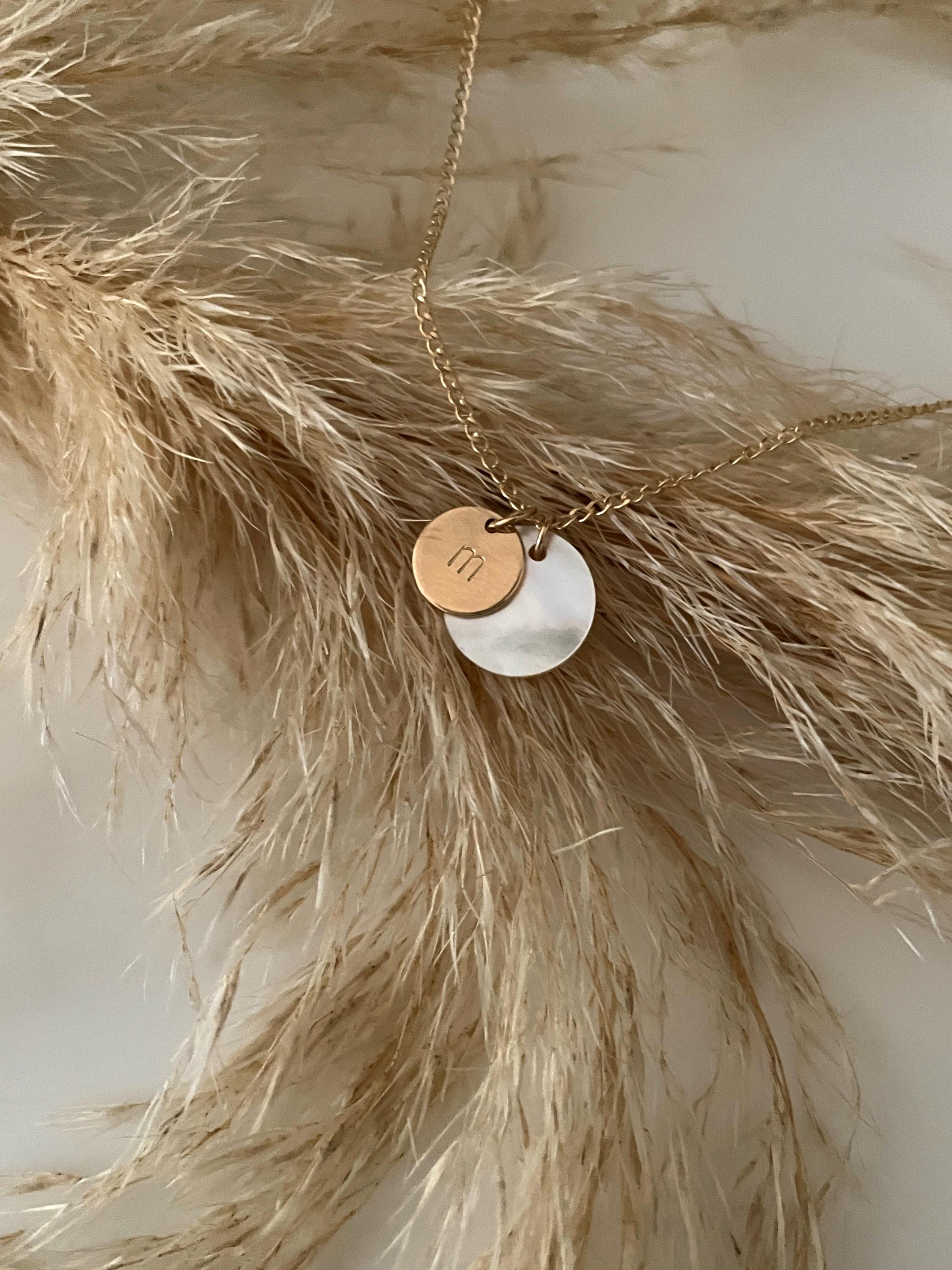 Inesa double coin PERSONALIZED INITIAL NECKLACE, mother of pearl necklace, 14K Gold Filled circle necklace, circle charm necklace