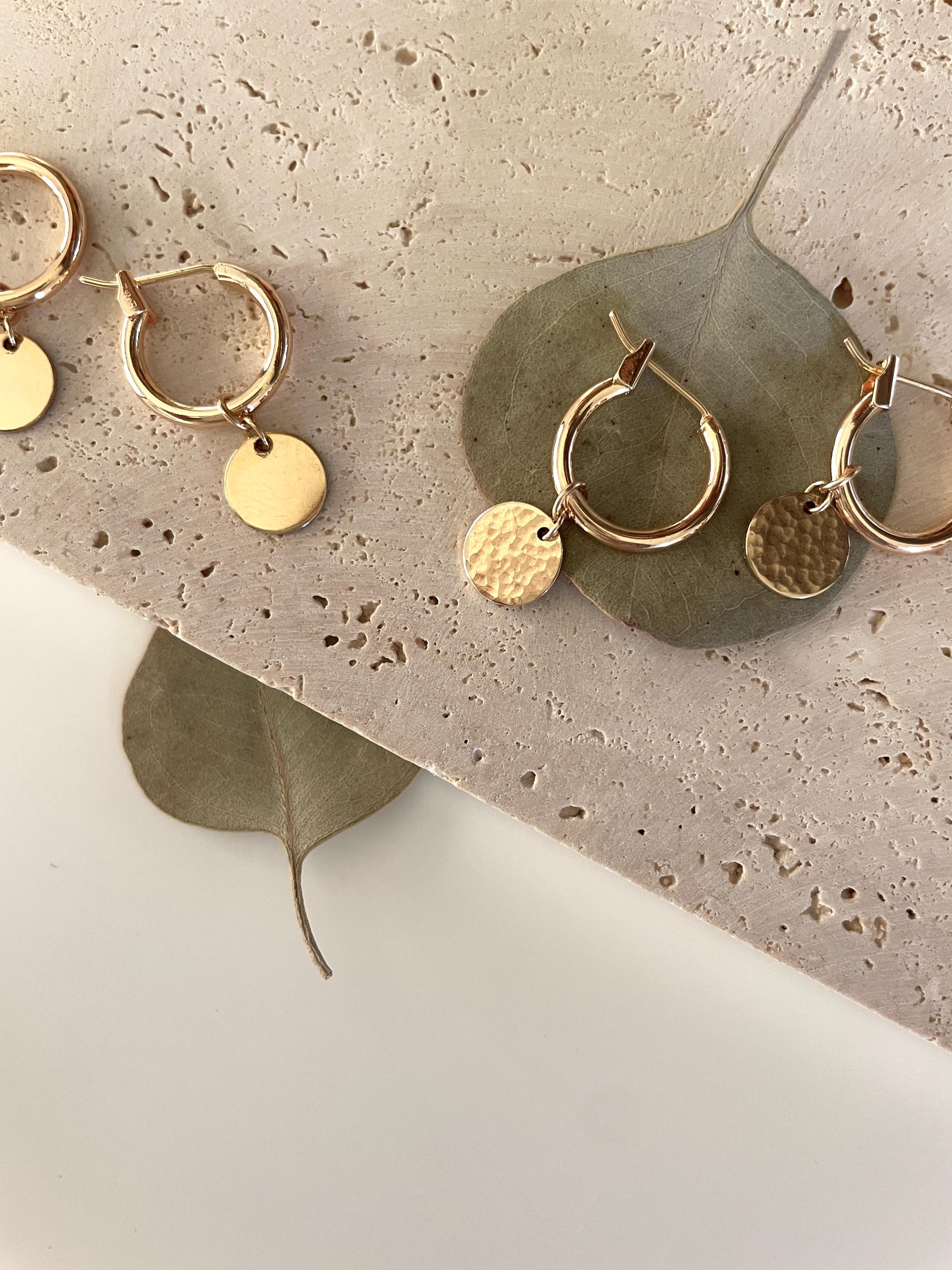 14k gold fill HOOP CHARMS/ hoop charm earrings / gold hoops/ gold disc earrings/ gold circle earrings/ minimalist earrings/ dainty earrings