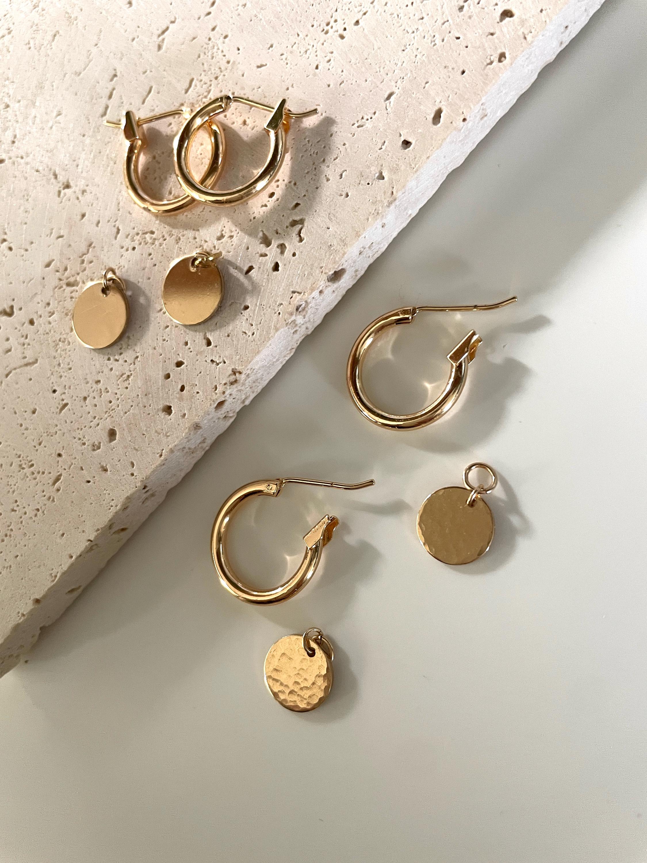14k gold fill HOOP CHARMS/ hoop charm earrings / gold hoops/ gold disc earrings/ gold circle earrings/ minimalist earrings/ dainty earrings