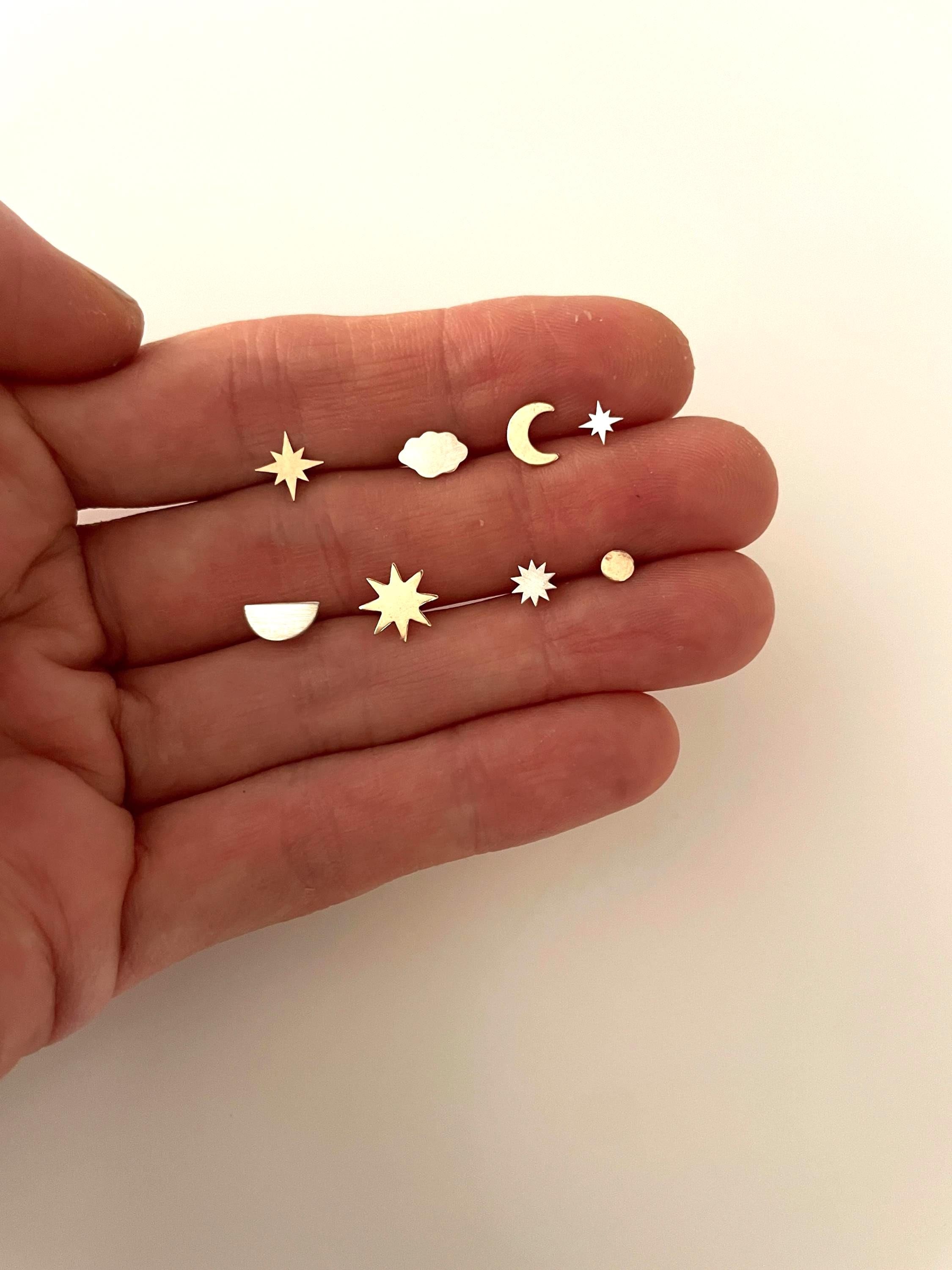 sterling silver CLOUD STUDS/ gold fill crescent moon studs/moon earrings/ star studs/ star earrings/celestial earrings/ gold star earrings