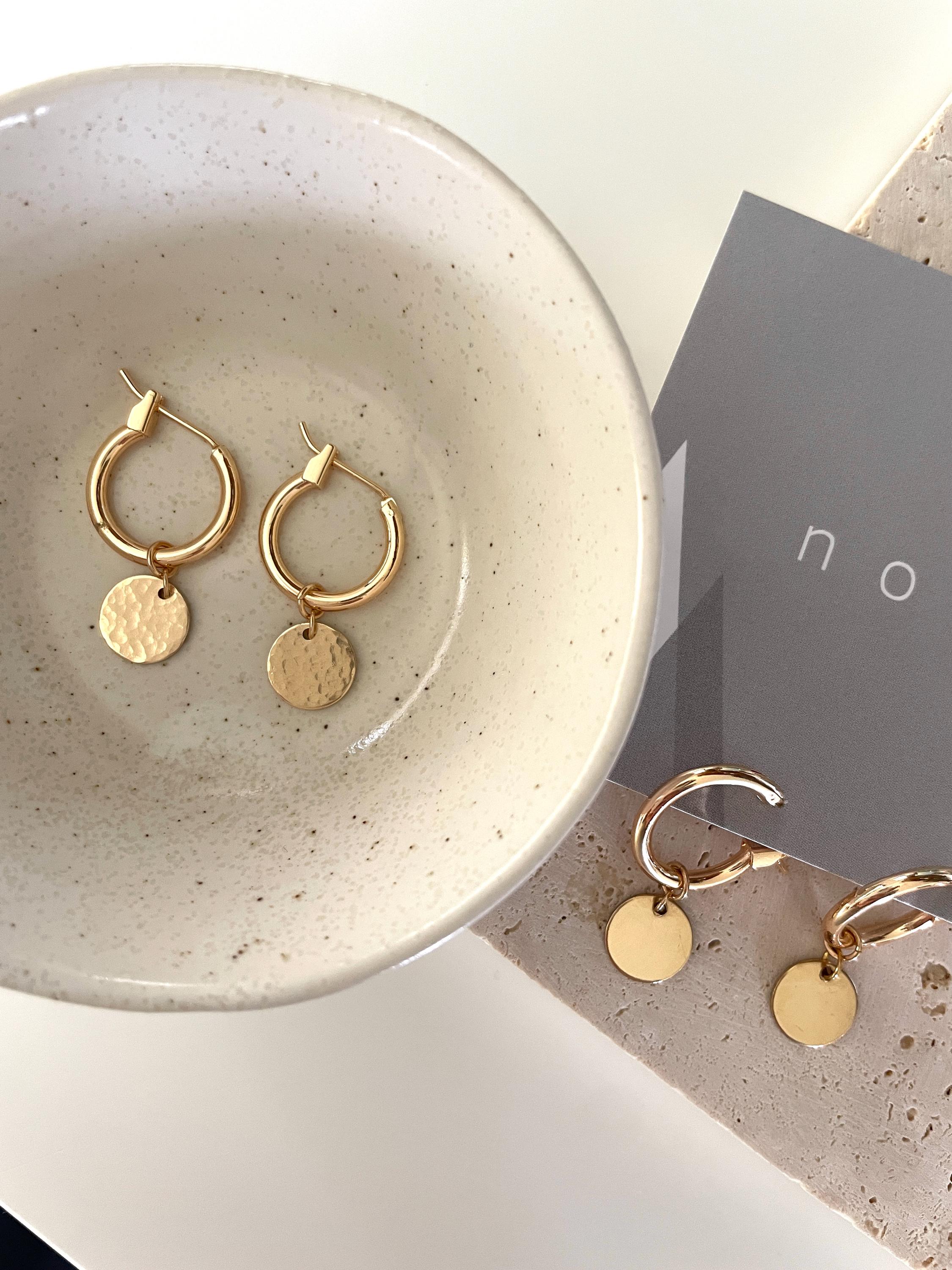 14k gold fill HOOP CHARMS/ hoop charm earrings / gold hoops/ gold disc earrings/ gold circle earrings/ minimalist earrings/ dainty earrings