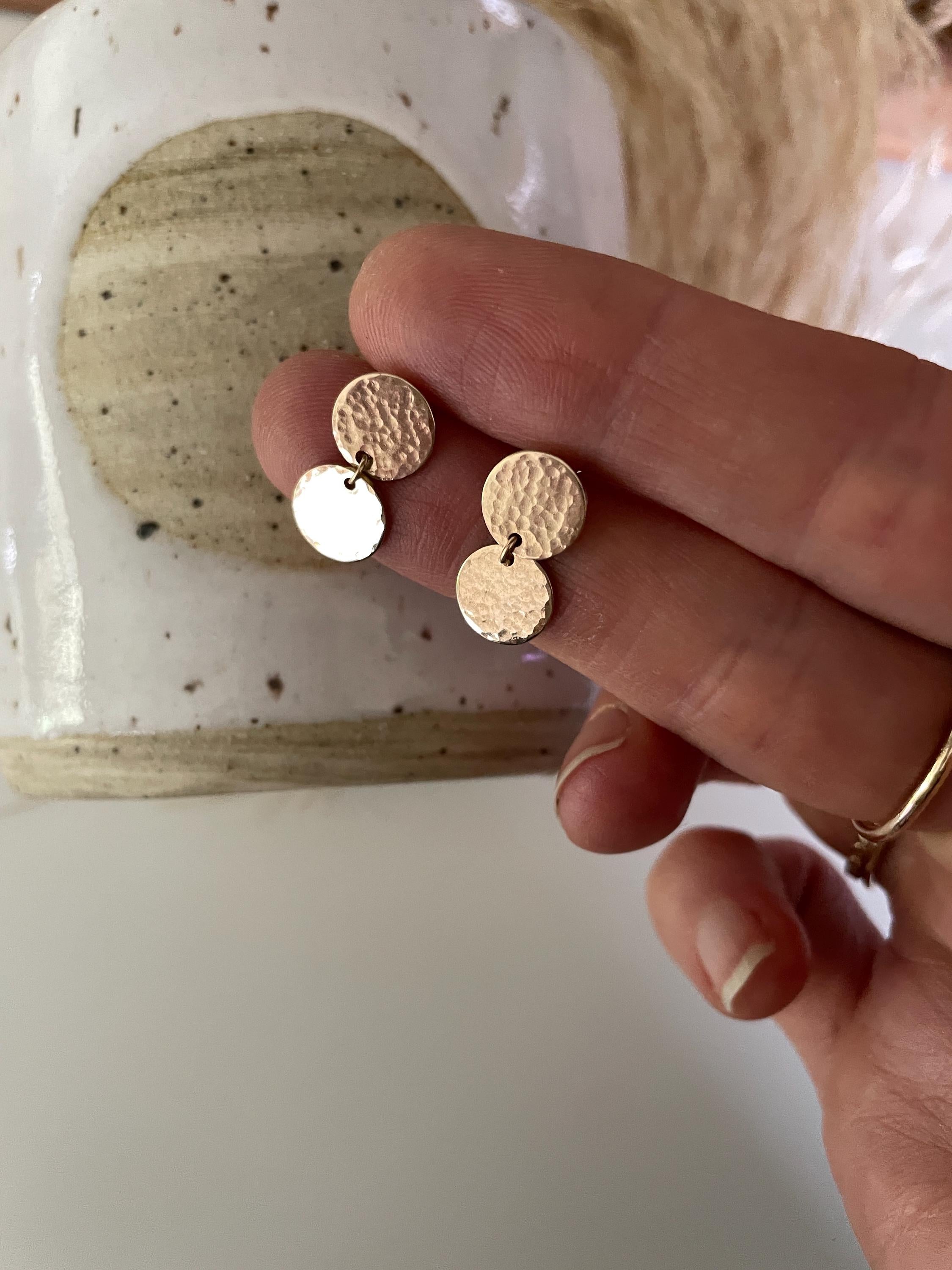 14K Gold Fill double MOON EARRINGS/ hammered circle studs/ gold disc earrings/ gold circle earrings/ minimalist earrings/ sparkle studs