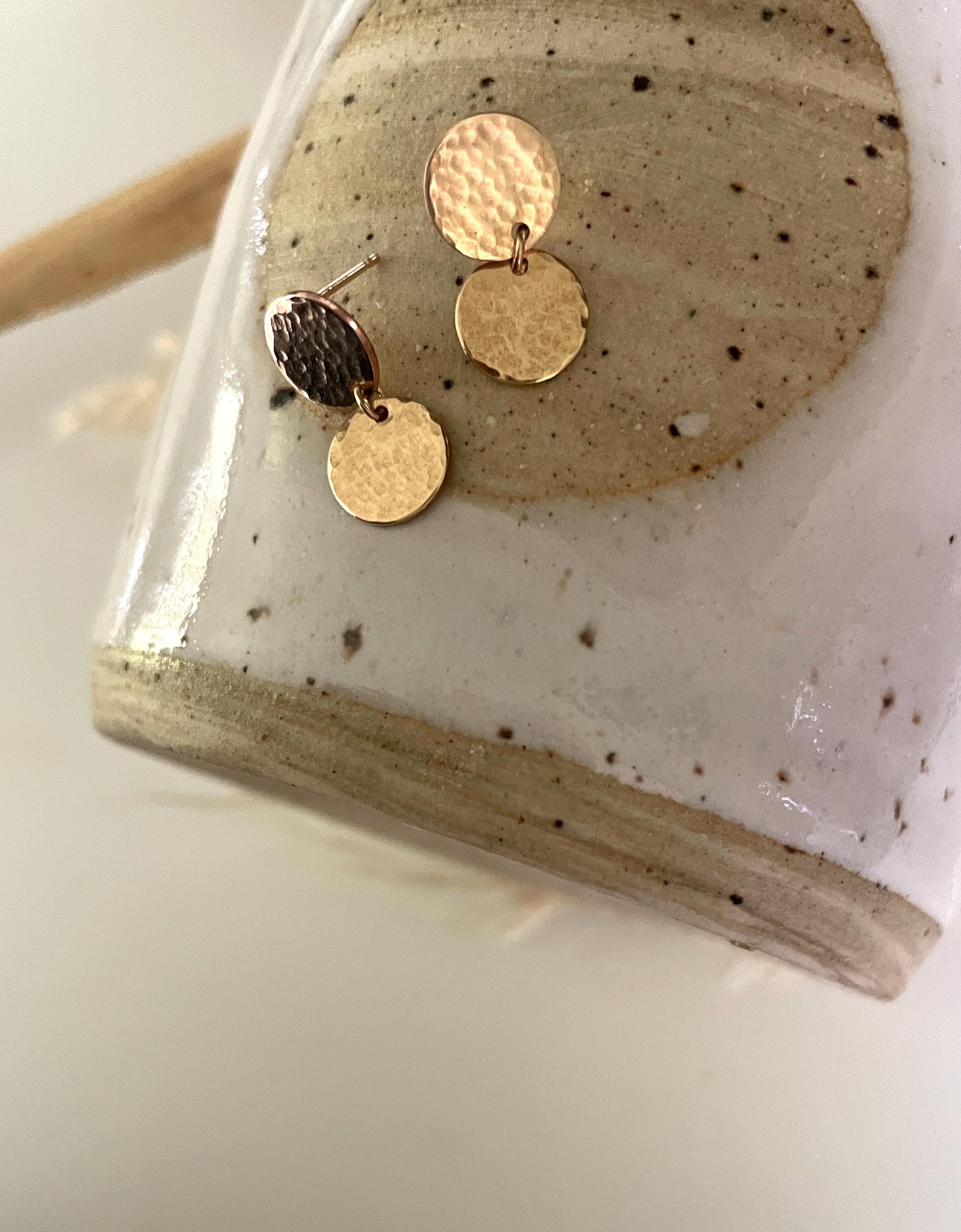 14K Gold Fill double MOON EARRINGS/ hammered circle studs/ gold disc earrings/ gold circle earrings/ minimalist earrings/ sparkle studs