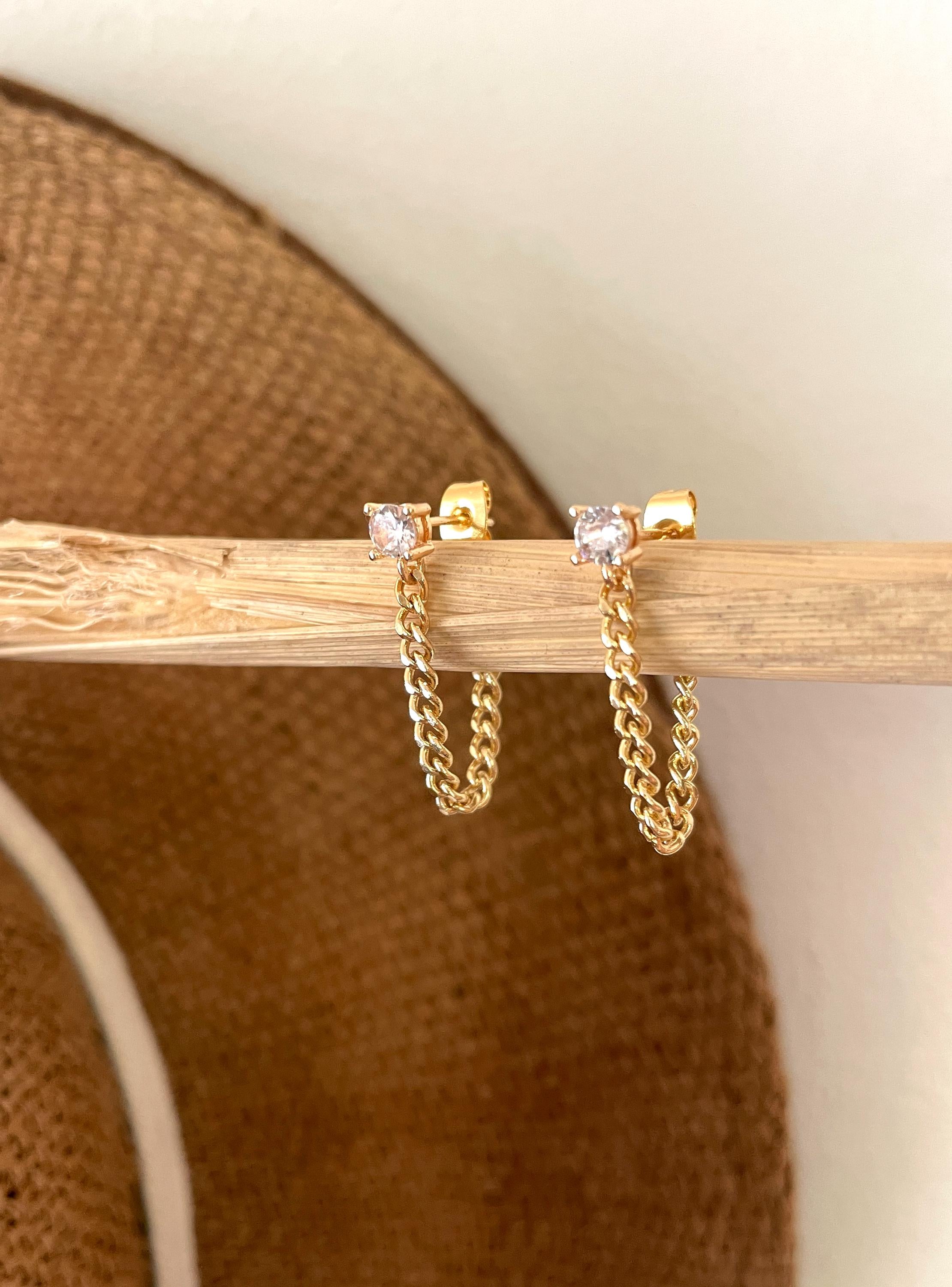 CZ CHAIN EARRINGS /chain hoops/ diamond chain earrings/ chain stud earrings/ gold chain earrings/ dangle earrings /gold chain ear jackets