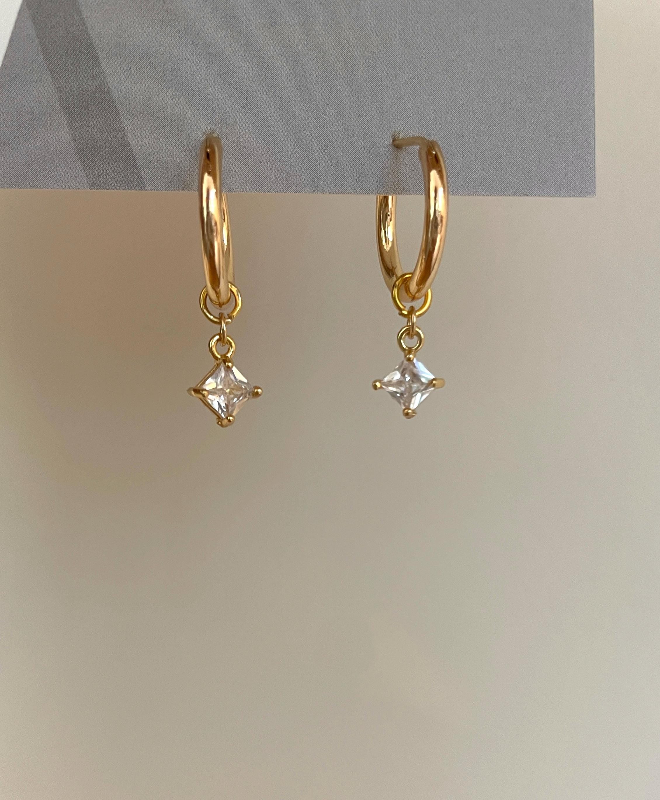cz DIAMOND HOOP charm EARRINGS / cz charm earrings/ gold hoops/ hoop charms/ gold cz earrings/ gold hoop earrings/ tiny diamond charms
