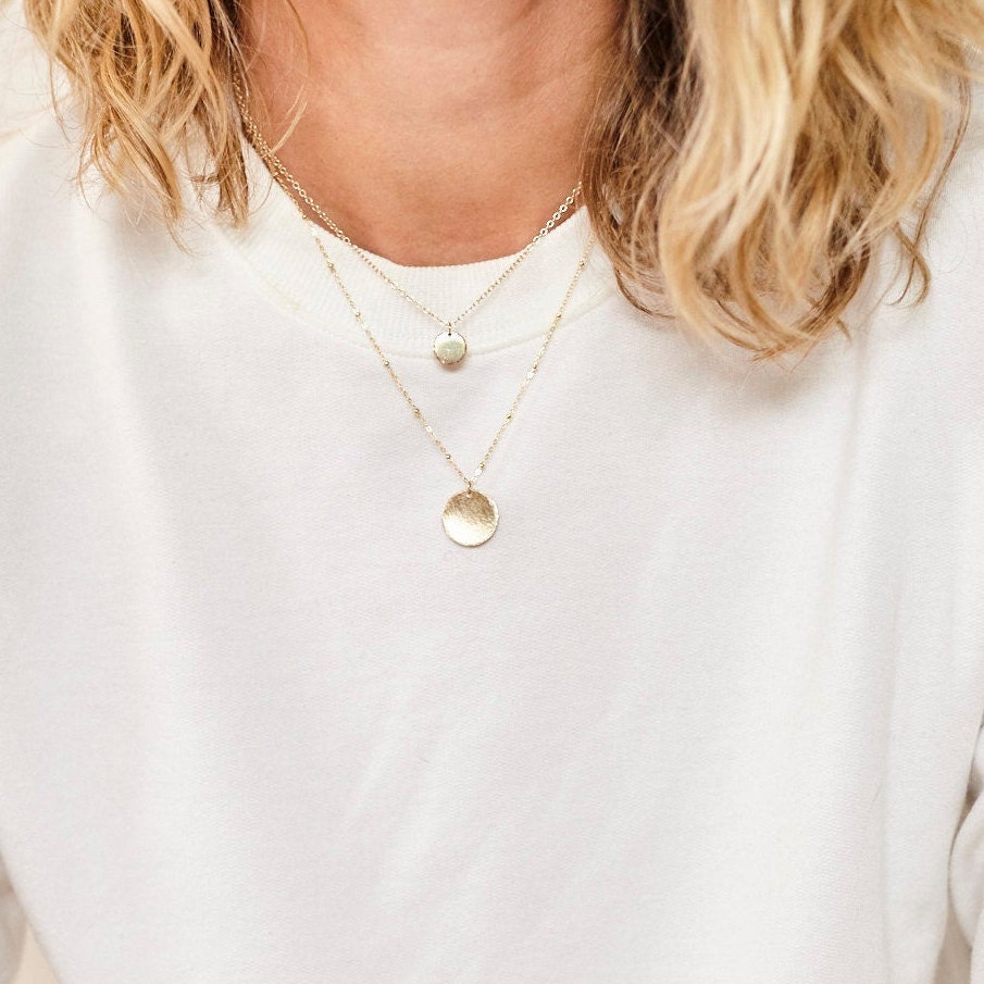 IEVA HAMMERED Edge COIN necklace, minimalist coin necklace, 14K Gold Filled circle necklace, Sterling Silver layering simple necklace