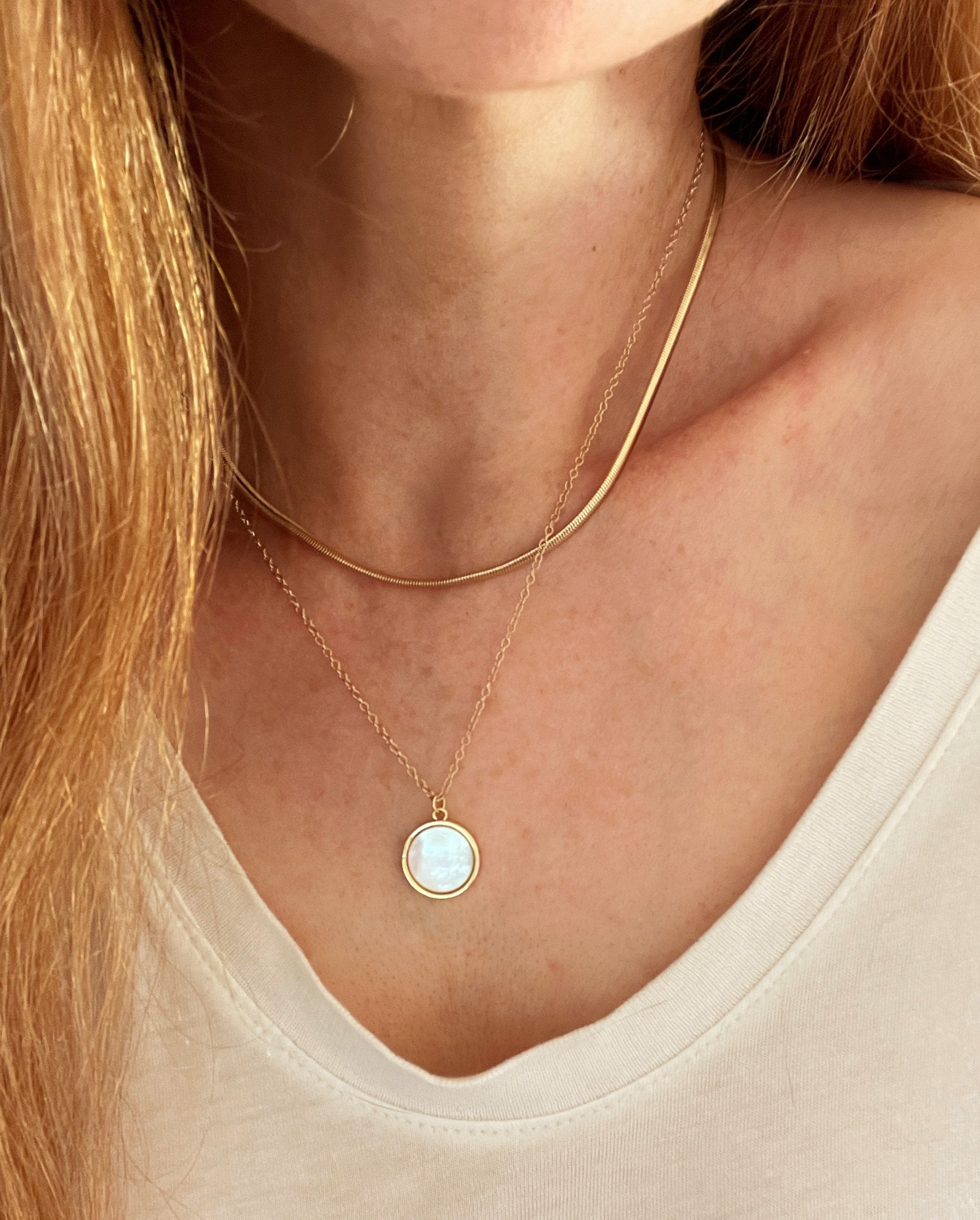 Karli MOTHER of PEARL NECKLACE, coin necklace, 14k gold filled chain, Shell necklace, Rainbow layering necklace, Circle charm necklace