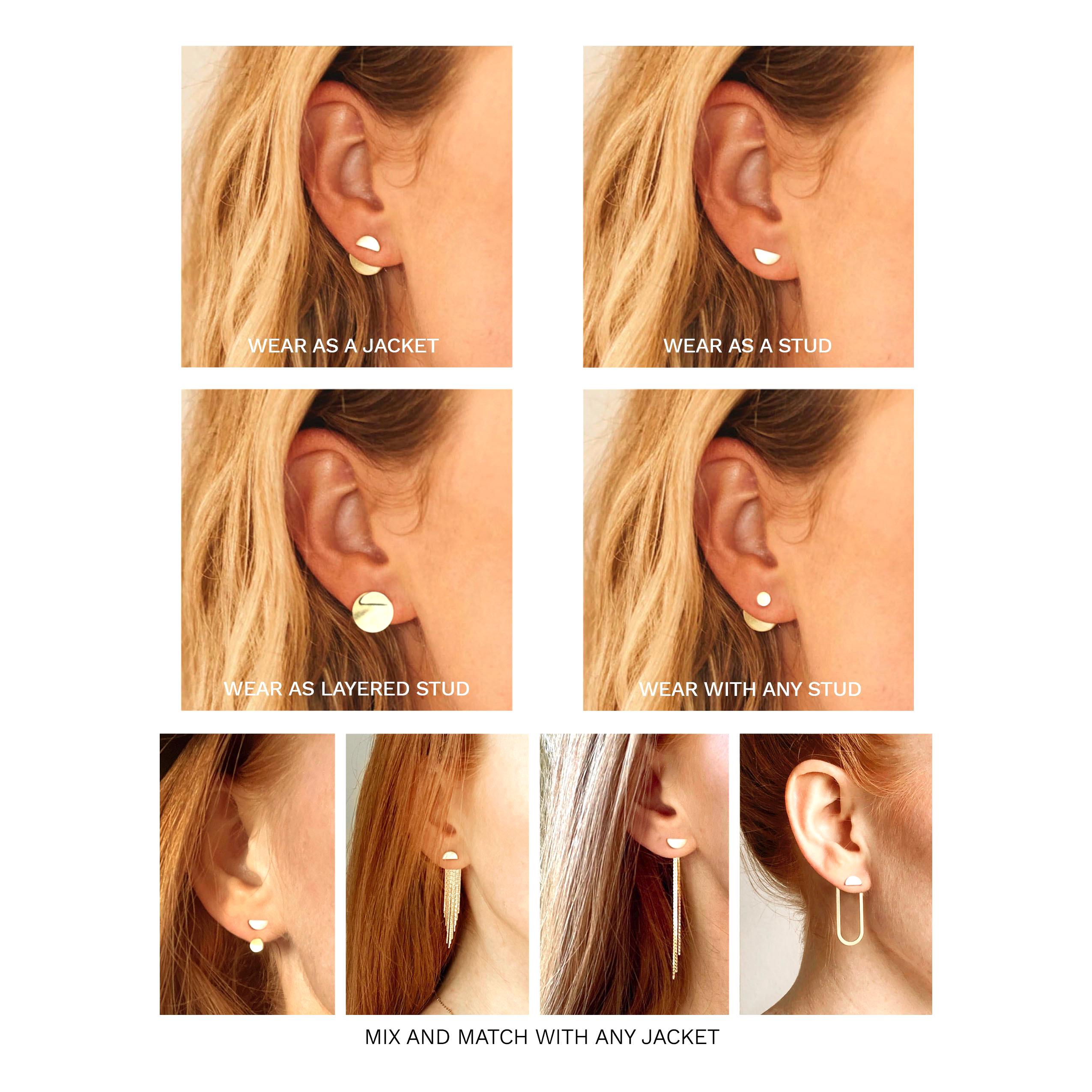 WEAR 5 WAYS: 1) Wear with studs in front and ear jacket behind the ear lobe 2) Wear both studs and ear jacket in front as a larger layered stud 3) Wear just studs 4) Wear ear jackets with any other studs 5) Wear the studs with any other ear jacket