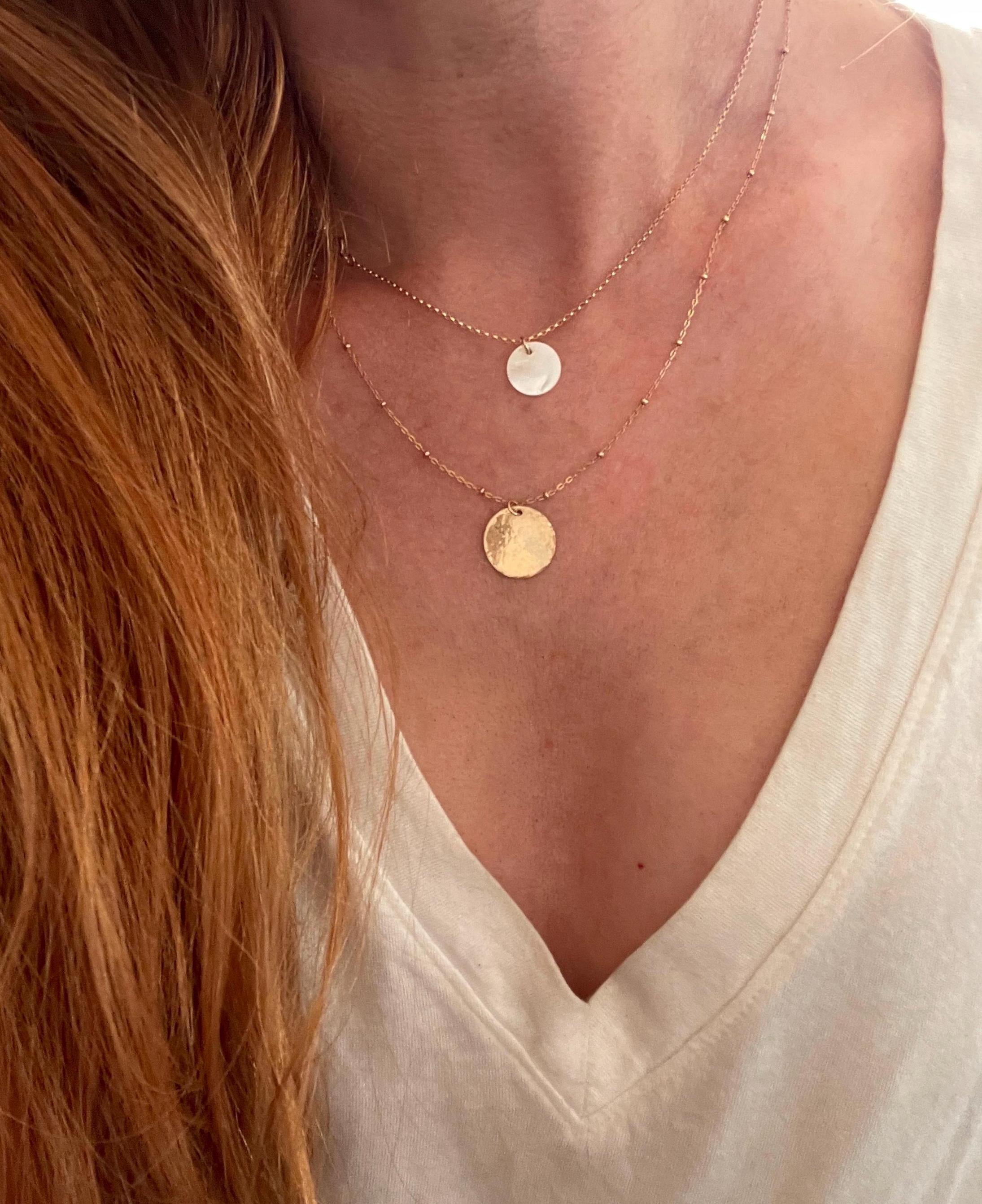 Karli MOTHER of PEARL NECKLACE, coin necklace, 14k gold filled chain, Shell necklace, Rainbow layering necklace, Circle charm necklace