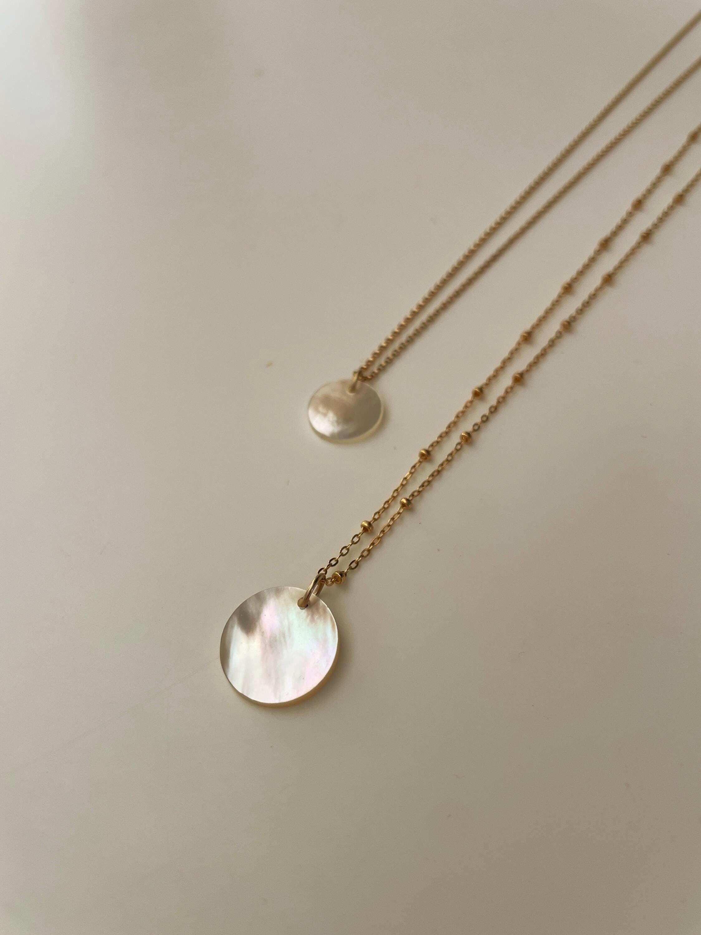 Karli MOTHER of PEARL NECKLACE, coin necklace, 14k gold filled chain, Shell necklace, Rainbow layering necklace, Circle charm necklace