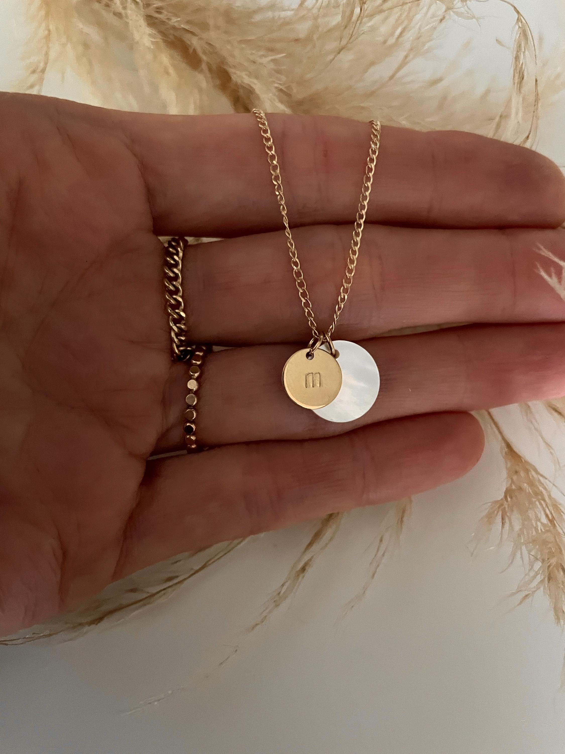 Inesa double coin PERSONALIZED INITIAL NECKLACE, mother of pearl necklace, 14K Gold Filled circle necklace, circle charm necklace