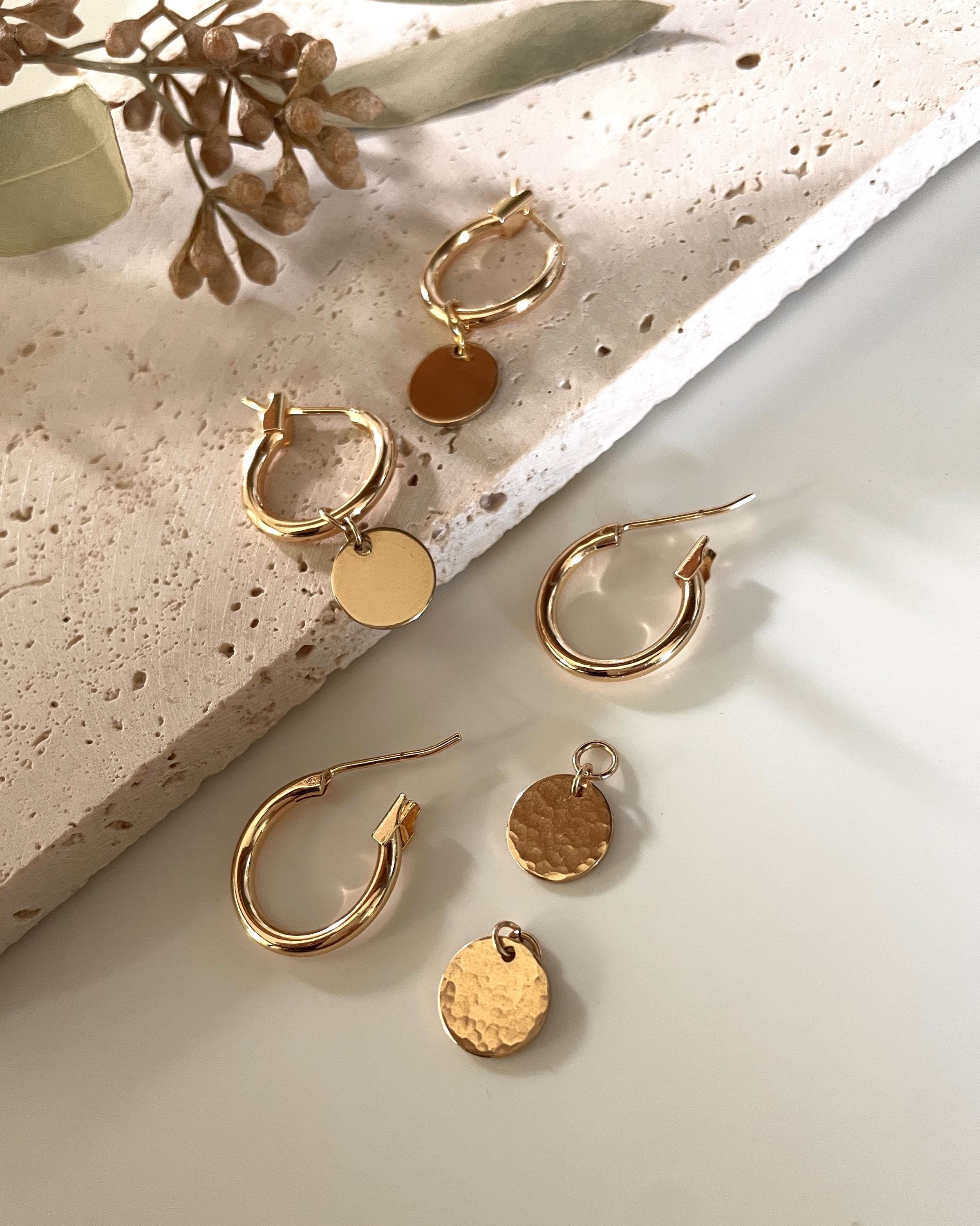 14k gold fill HOOP CHARMS/ hoop charm earrings / gold hoops/ gold disc earrings/ gold circle earrings/ minimalist earrings/ dainty earrings