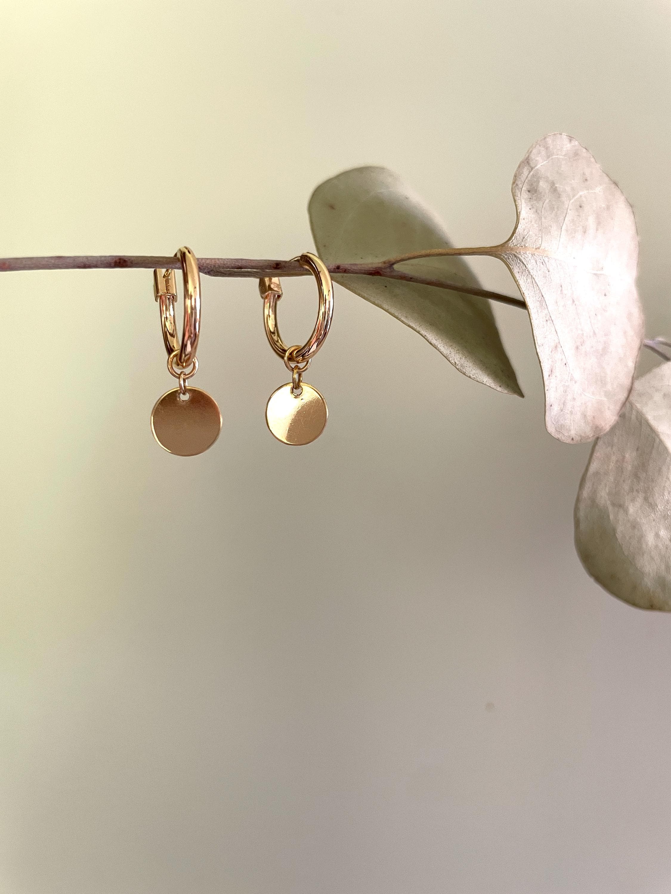 14k gold fill HOOP CHARMS/ hoop charm earrings / gold hoops/ gold disc earrings/ gold circle earrings/ minimalist earrings/ dainty earrings