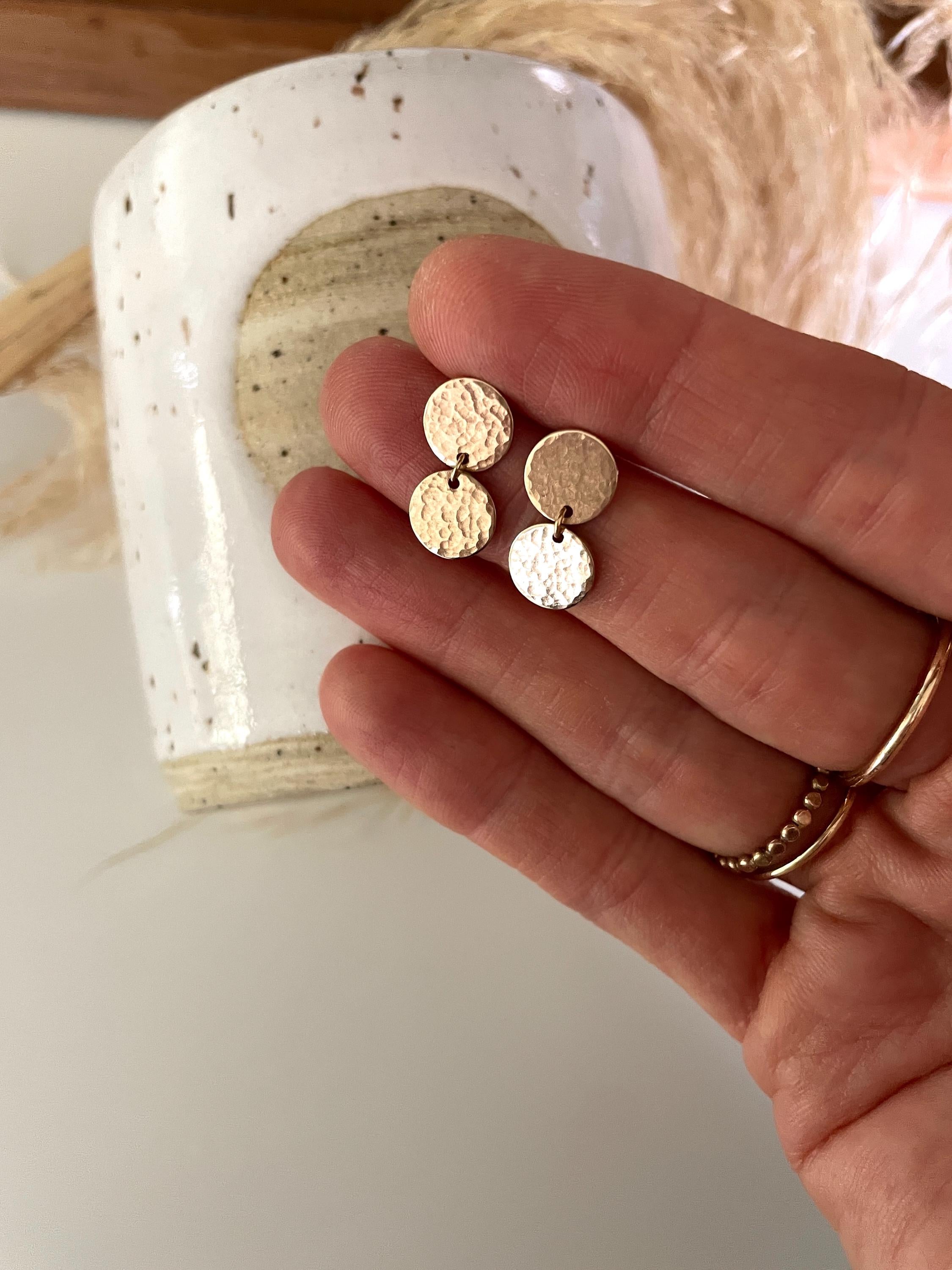 14K Gold Fill double MOON EARRINGS/ hammered circle studs/ gold disc earrings/ gold circle earrings/ minimalist earrings/ sparkle studs