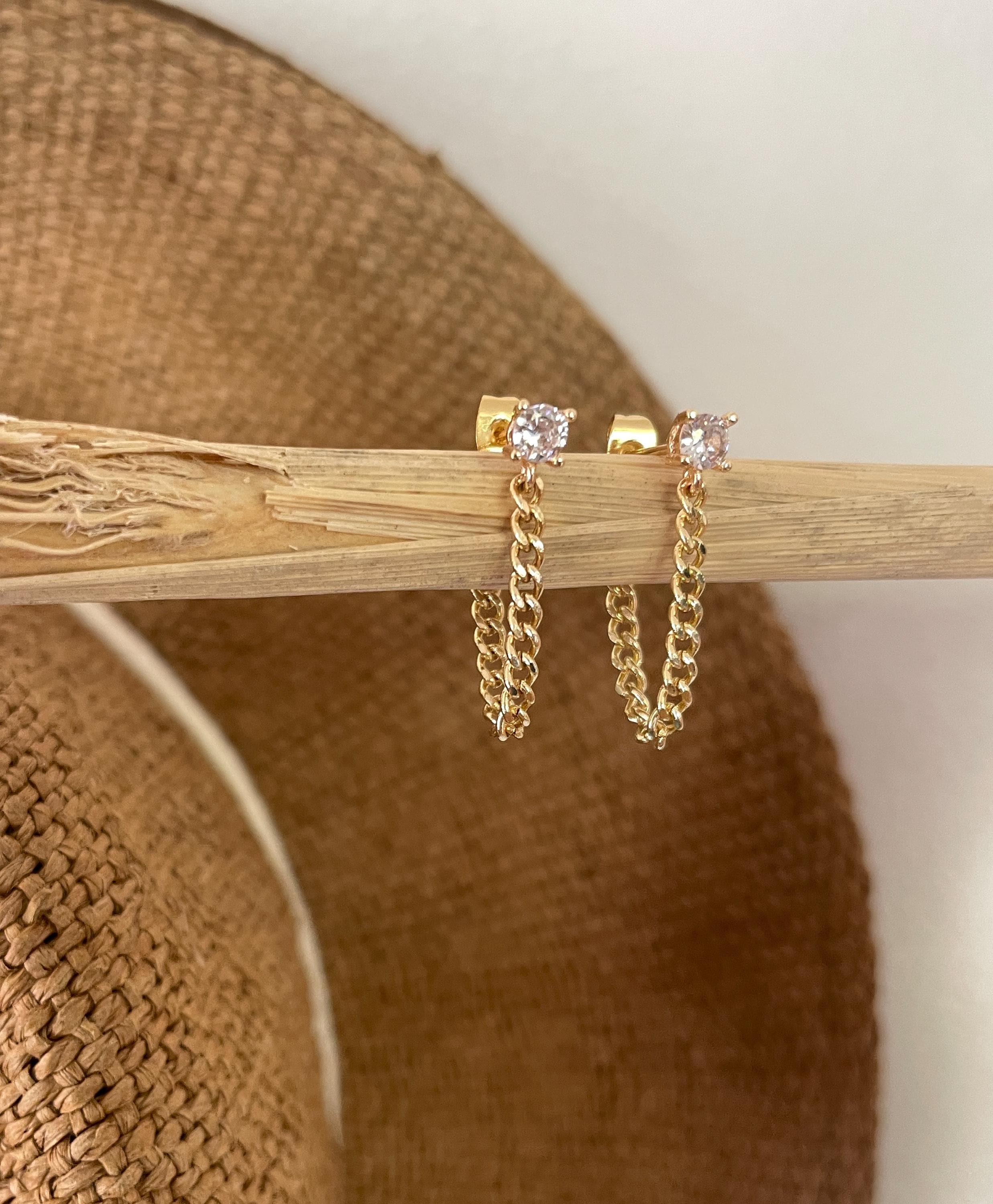 CZ CHAIN EARRINGS /chain hoops/ diamond chain earrings/ chain stud earrings/ gold chain earrings/ dangle earrings /gold chain ear jackets