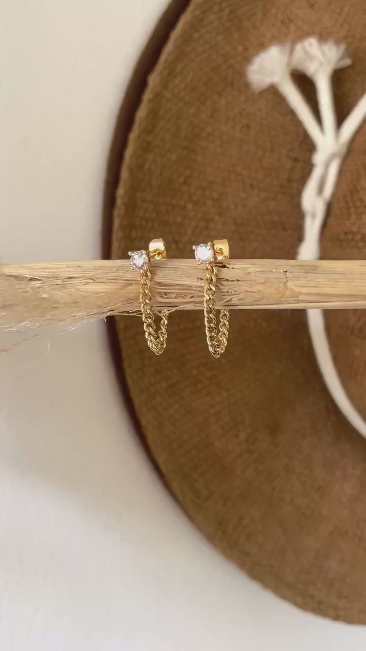 CZ CHAIN EARRINGS /chain hoops/ diamond chain earrings/ chain stud earrings/ gold chain earrings/ dangle earrings /gold chain ear jackets