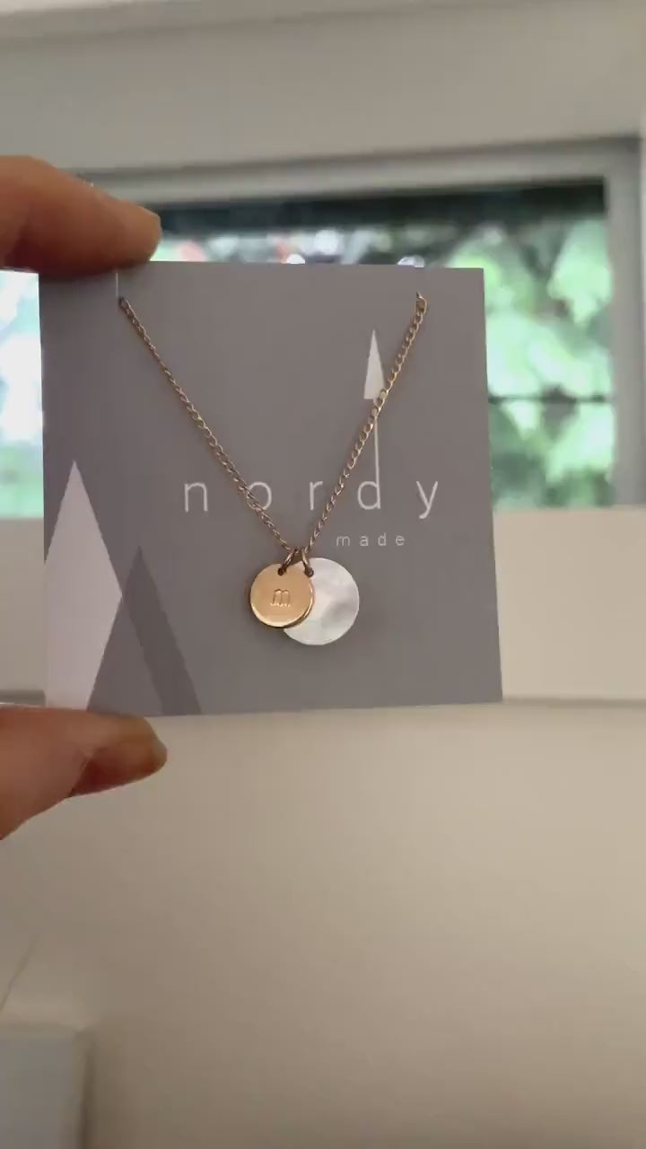 Inesa double coin PERSONALIZED INITIAL NECKLACE, mother of pearl necklace, 14K Gold Filled circle necklace, circle charm necklace