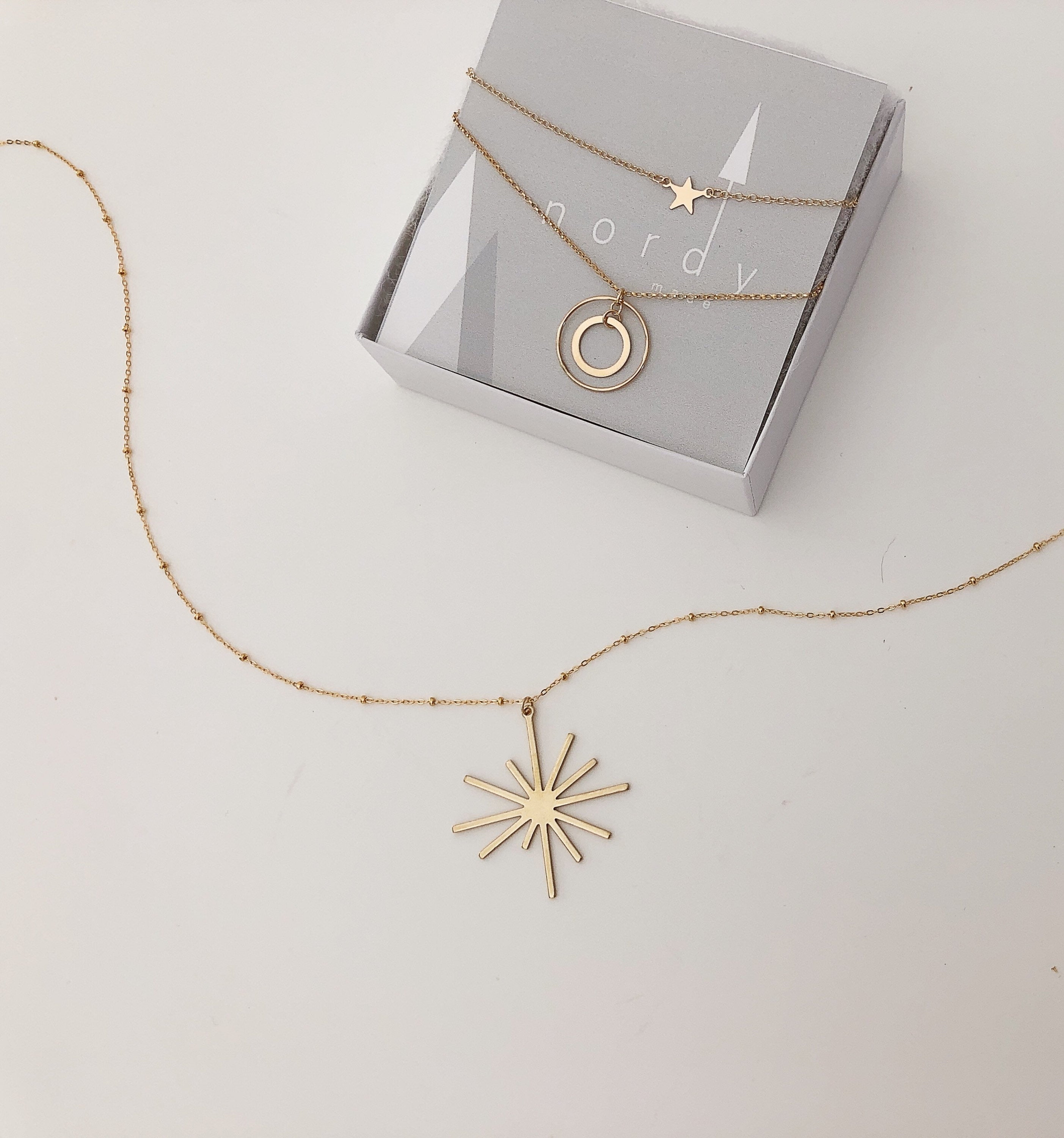 BRITTE MID CENTURY Star Burst Necklace/14k Gold Fill/Satellite chain/statement necklace/mcm jewelry/Satrun chain/layering necklace