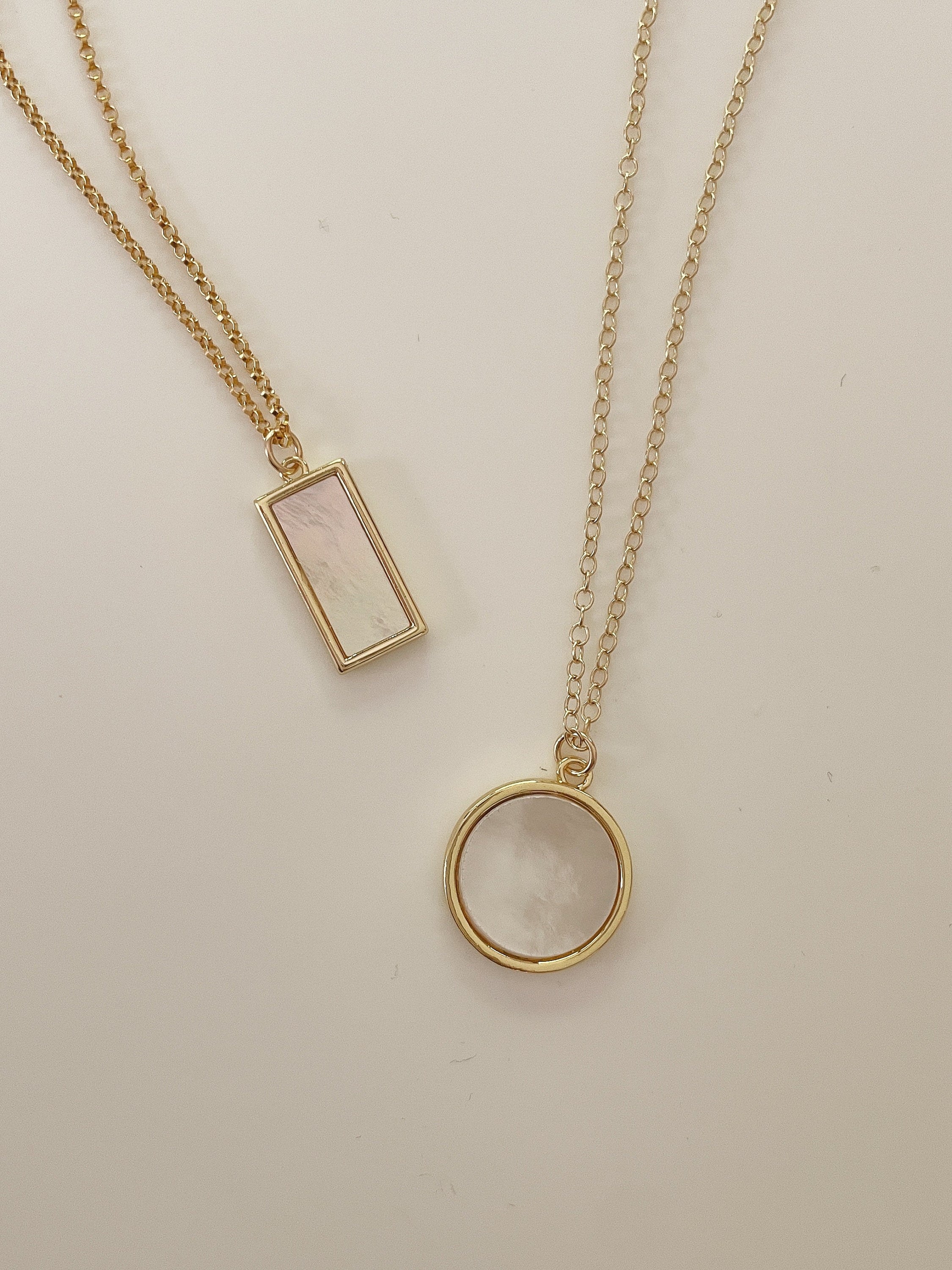 KARINE MOTHER of PEARL circle coin necklace, 14k gold filled Shell stone disc, Rainbow layering charm necklace, Minimalist jewelry