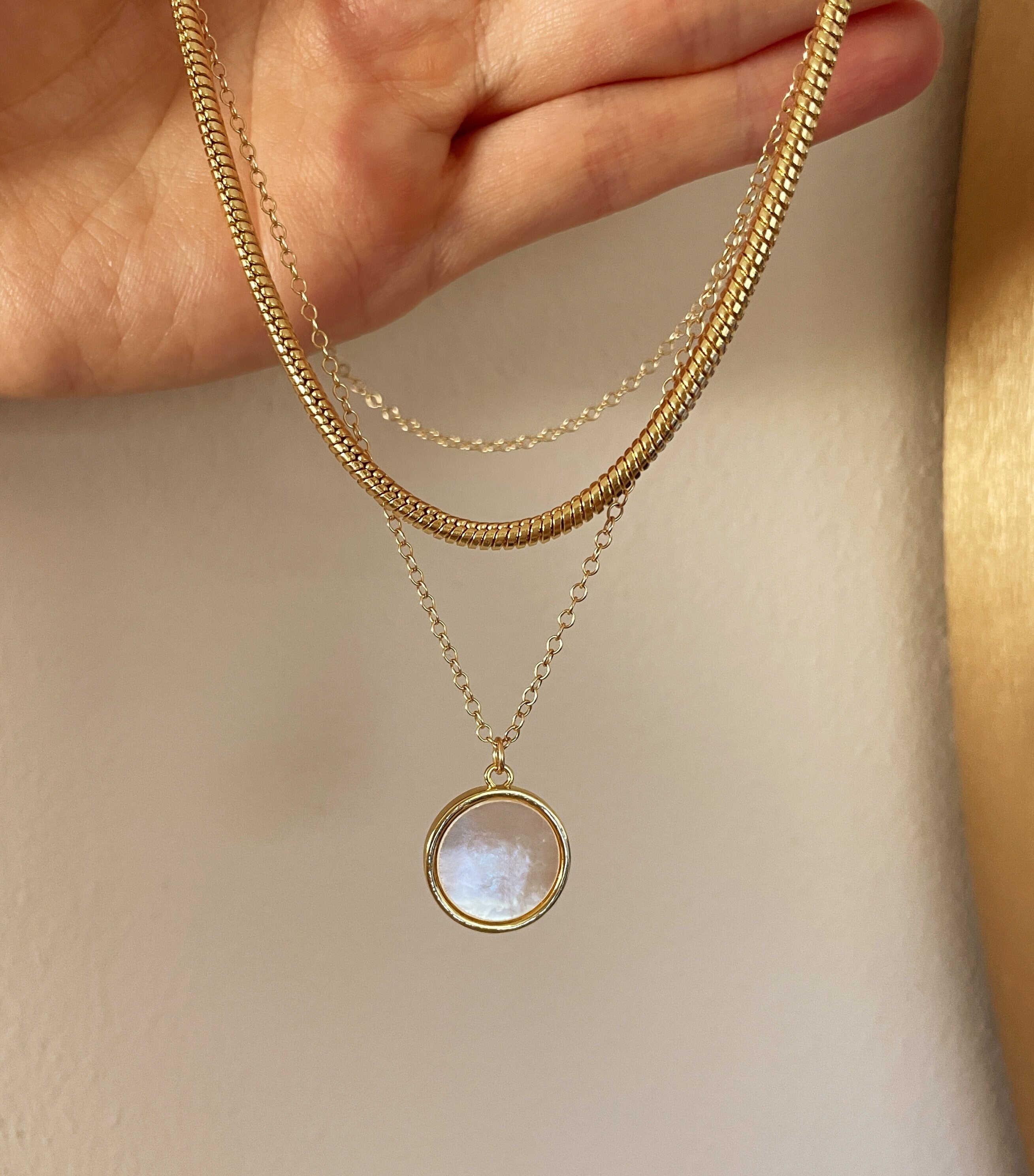 KARINE MOTHER of PEARL circle coin necklace, 14k gold filled Shell stone disc, Rainbow layering charm necklace, Minimalist jewelry