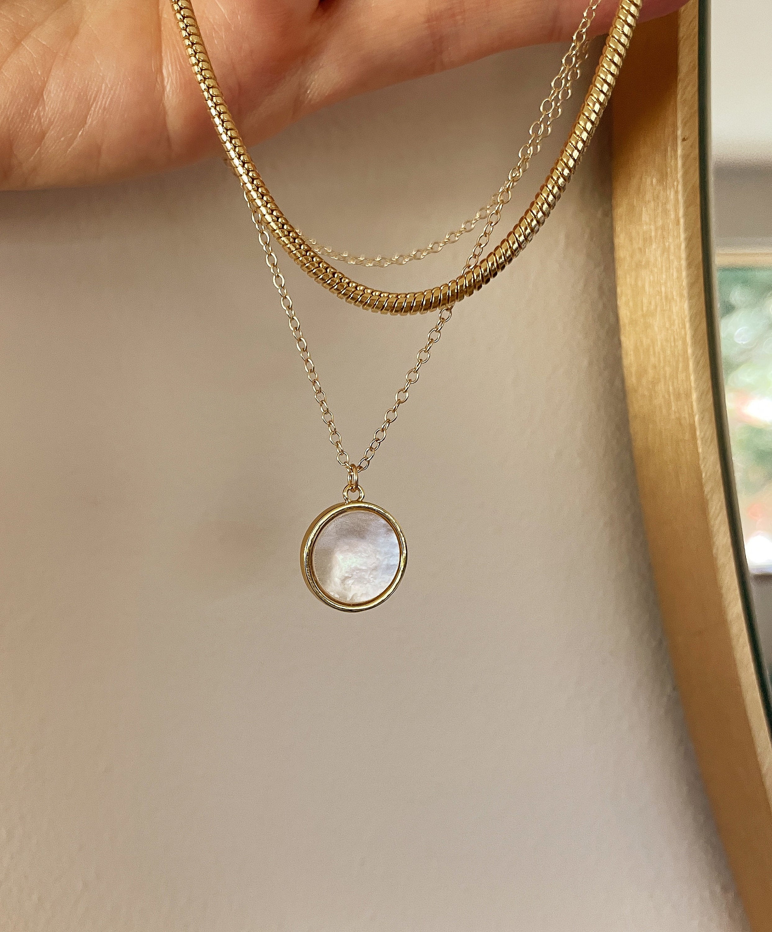 KARINE MOTHER of PEARL circle coin necklace, 14k gold filled Shell stone disc, Rainbow layering charm necklace, Minimalist jewelry