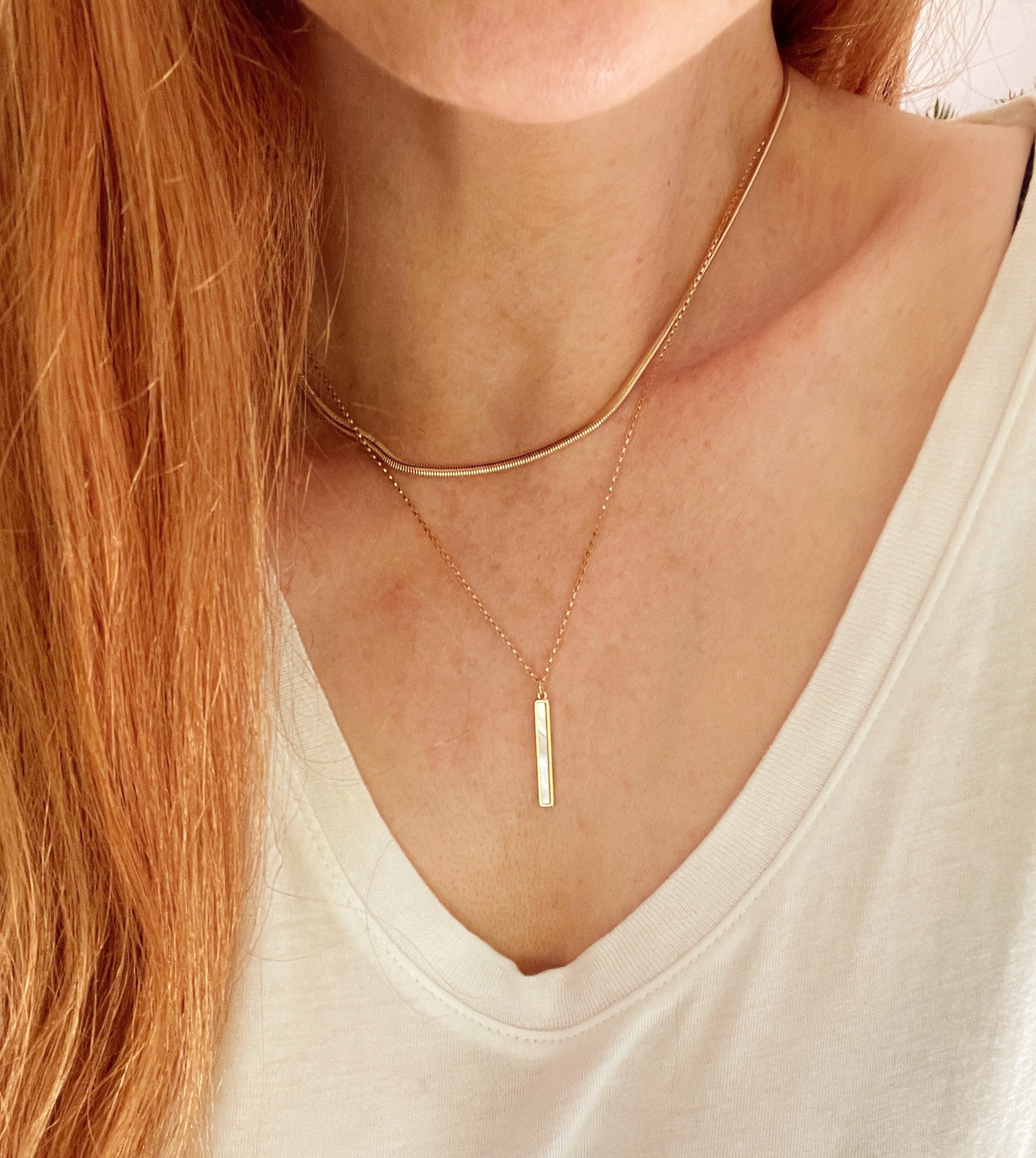 LARA Longline rectangle MOTHER of PEARL necklace, 14k gold fill necklace, rectangle Shell stone charm, Layering Pendant, Y necklace