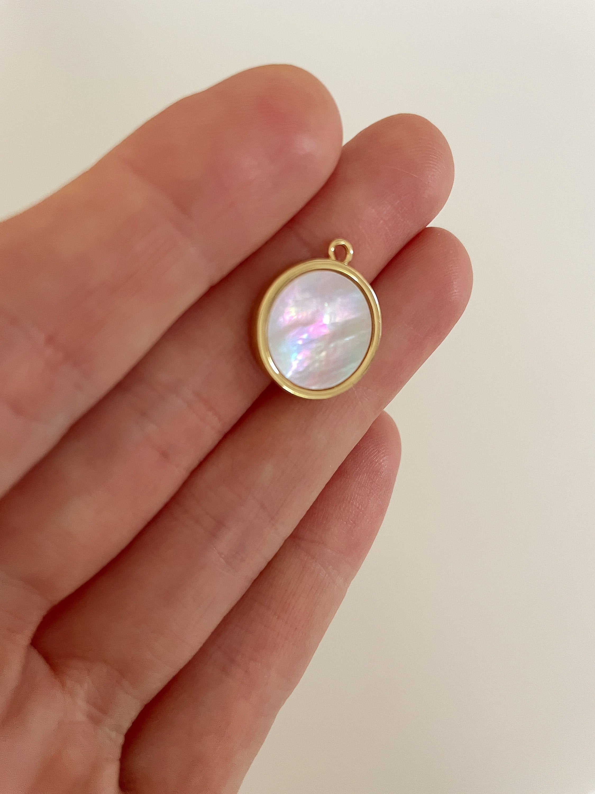 KARINE MOTHER of PEARL circle coin necklace, 14k gold filled Shell stone disc, Rainbow layering charm necklace, Minimalist jewelry